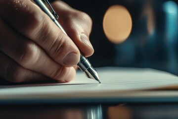 Close up of hand holding silver pen writing on white paper with blurred background and warm lighting creating focused and calm atmosphere