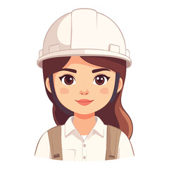 Cartoon woman construction worker wearing hard hat and overalls.