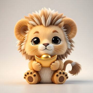 Cute cartoon lion cub holding golden ingot on white background