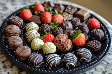 Decadent chocolate platter featuring dark, milk, and white chocolate truffles with fresh strawberries arranged on black tray, creating rich and inviting dessert display