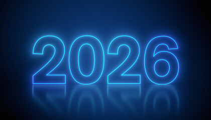 Naklejka premium Illustration of abstract neon lights with the numbers 2026 in blue over dark background on a reflective floor - represents the new year - vacation concept.