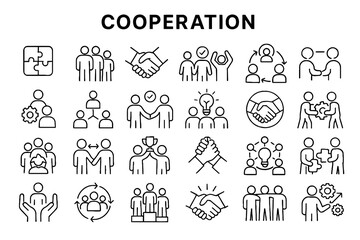 Fototapeta premium Cooperation and Teamwork Line Icons Set – Business Collaboration, Partnership, Community and People Outline Symbols