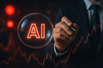 Artificial intelligence technology innovation finance alert security An urgent business scene a hand with a pen near a fragile bubble labeled AI red charts signaling risk