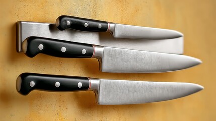 Set of three high-quality kitchen knives with sleek stainless steel blades and ergonomic black handles, displayed on a magnetic strip against a warm textured background, showcasing culinary tools