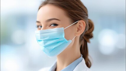 Young female doctor is wearing a medical mask and white coat while smiling a clinic environment in viewer video 4k