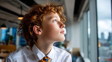 Boy with red hair looking out a window.