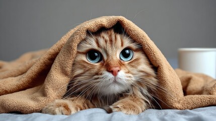 Adorable ginger cat with large blue eyes peeking out from under a soft brown blanket, creating a cozy and inviting atmosphere in a serene indoor setting