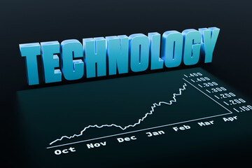 Rising chart, technology index, growth, stock market and exchange. Business, investment, moving up, strategy, wealth, graph. 3D illustration