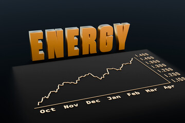 Rising chart, energy, index, growth, stock market and exchange. Business, investment, oil and gas industry, wealth, moving up, graph. 3D illustration