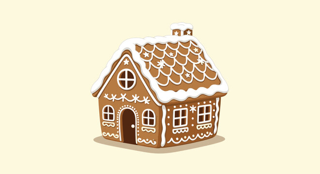 A charming gingerbread house decorated with white icing snow and candy details perfect for Christmas and winter holidays.