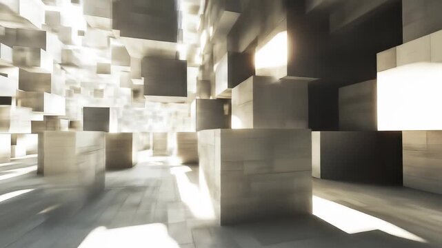Abstract geometric cubes interior render with sunlight and shadow effects