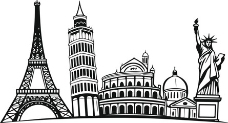 Black and white silhouette skyline of famous world landmarks world famous