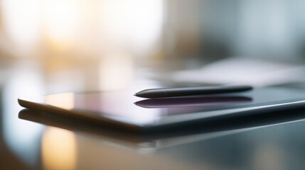 Close up of a digital tablet with stylus resting on its screen, bright soft focus office background, luxury tech productivity concept, crisp