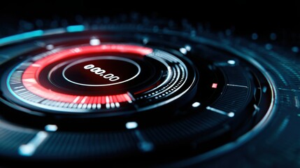 Close up of a futuristic circular energy gauge on a floating digital display decreasing to zero and then filling up again, bright tech background