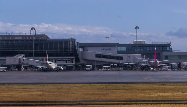 Sendai, Japan -April 16 2025: passenger jet park in Sendai airport. one of large airport in northern japan, or Honshu biggest airport