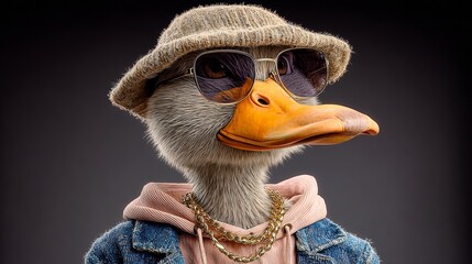 Stylish anthropomorphic duck wearing sunglasses and a hat, dressed in casual attire with a denim jacket and gold chain, exuding a trendy and playful vibe in a creative illustration