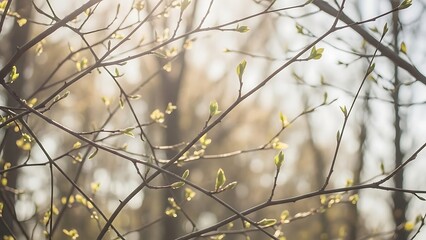 random pattern of thin branches with young spring leaves, open tranquil background, sunlight shining through in soft beams