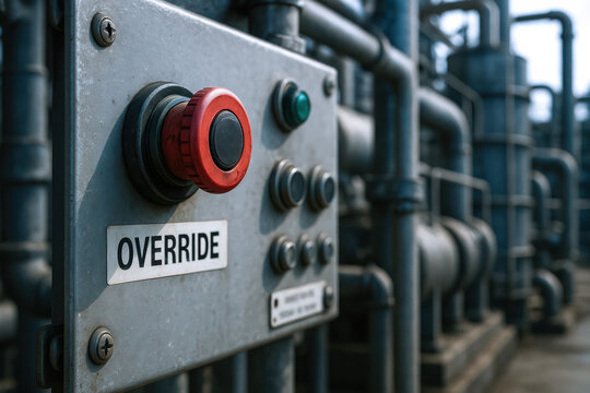 Safety override button control panel operation in industrial plant with red manual switch metal piping and worn metal finish expressing urgent protective function