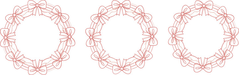 Ribbon wreath outline illustration set with elegant bows, circular frames, and minimal decorative line art vector design