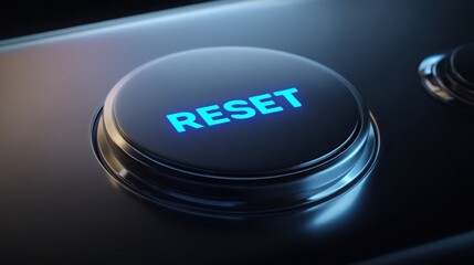 Close up of a sleek silver device with a glowing RESET button illuminated in cool neon blue, dark to light gradient background, sharp reflections