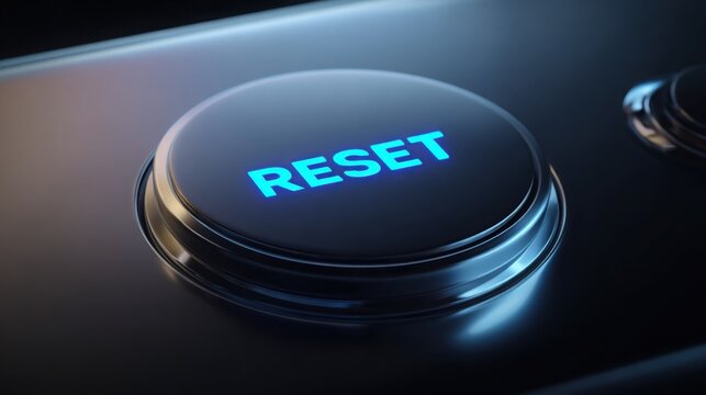 Close up of a sleek silver device with a glowing RESET button illuminated in cool neon blue, dark to light gradient background, sharp reflections
