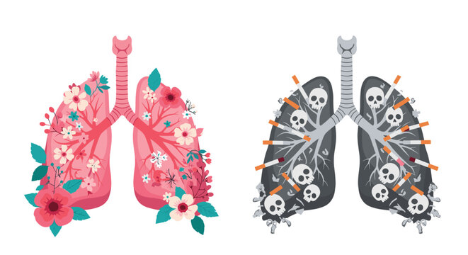 A powerful visual comparison between healthy lungs blooming with flowers and smoker's lungs filled with cigarettes and skulls.