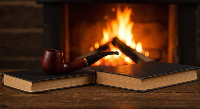 Vintage smoking pipe resting on books by the cozy fireplace  