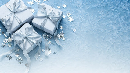 Beautiful Winter Gift Boxes with Snowflakes on a Blue Frosty Background