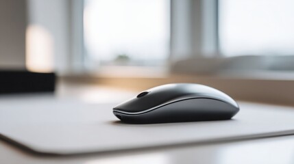 Close up of a sleek wireless mouse on a pure white mousepad, softly blurred bright office setting behind, minimal high end tech feel, precise