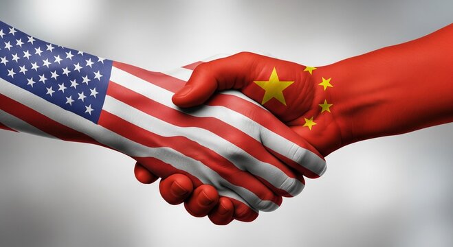 Usa and china flags handshake concept for international relations and trade - Powered by Adobe