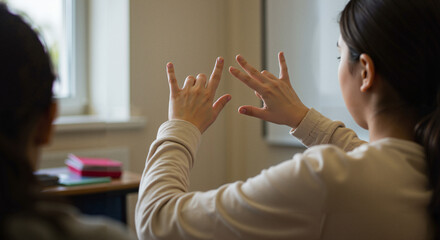 Woman using sign language while communicating in classroom setting  