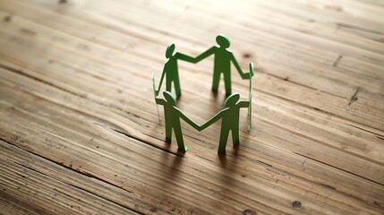 A paper-cut-out of people standing in a circle, signifying unity and teamwork, resting on a wooden surface 