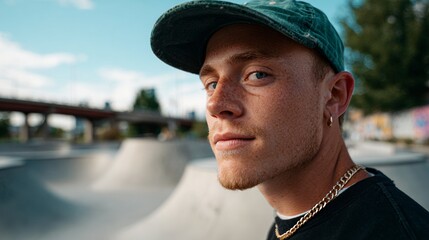 Man with beard and earring posing at skate park.