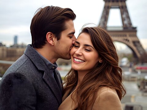 Romantic couple embracing in front of the Eiffel Tower, Paris, France
