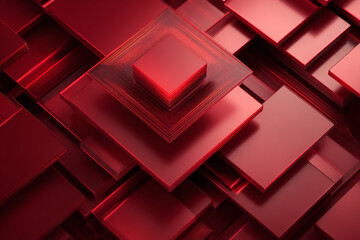 abstract geometric pattern of stacked red squares with sharp edges and metallic sheen