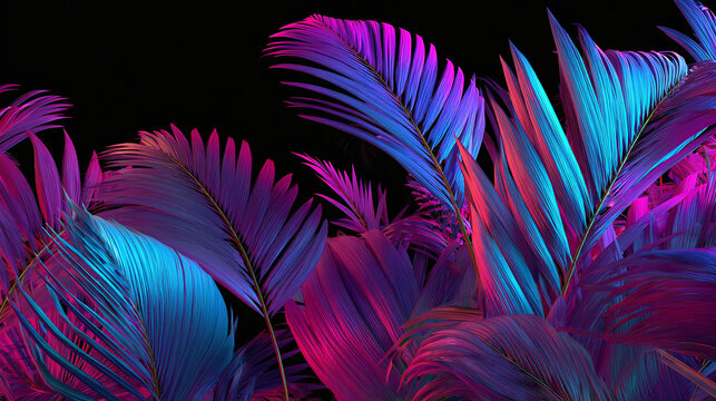 Vibrant palm leaves illuminated with neon lights create a captivating visual. The leaves are in shades of pink, purple, and blue, adding to the allure of the piece