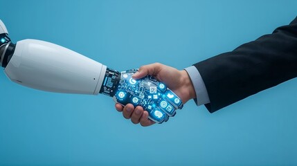 a handshake between a human and a robot, symbolizing technological advancement and collaboration. The scene depicts a human hand clasping the metallic hand of a robot