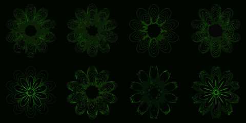 Intricate green floral patterns arranged in a grid on a black background