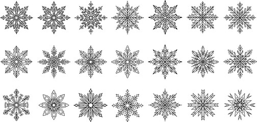 Hand drawn snowflake outline set with detailed winter crystal shapes isolated for holiday and seasonal design