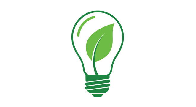 An eco-friendly concept icon of a lightbulb with a vibrant green leaf inside representing renewable energy and sustainability.
