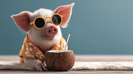 Adorable pig wearing stylish sunglasses and a colorful floral shirt, relaxing with a coconut drink on a soft towel, embodying a playful summer vibe and cheerful atmosphere