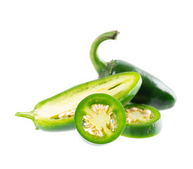 Fresh jalapeno pepper isolated on white background. Slices of green hot serrano pepper. Clipping path.