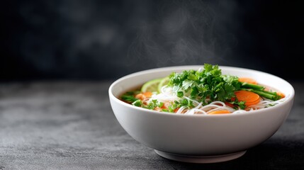 Steaming bowl of delicious noodle soup garnished with fresh herbs, vibrant vegetables, and colorful ingredients, showcasing culinary artistry and inviting presentation