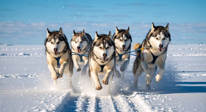 Team of five Siberian Huskies running in snow. Sled dogs racing towards camera on a sunny winter day. Active dog sport concept