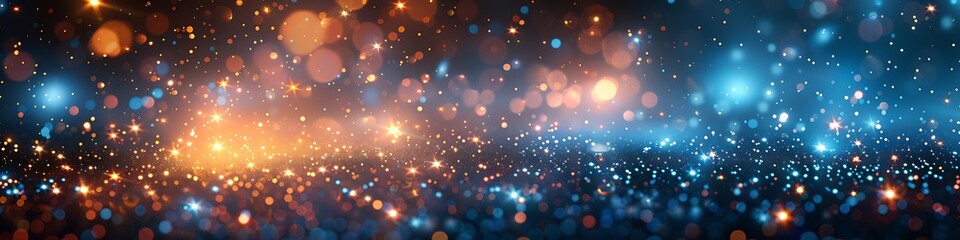 Panoramic view of glowing orange and blue bokeh lights, abstract background with sparkling particles