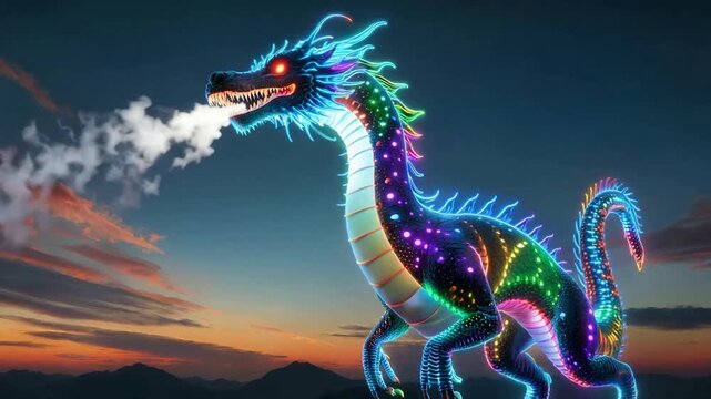 Vibrant Neon Dragon Breathing Smoke Against Dramatic Sunset Sky.