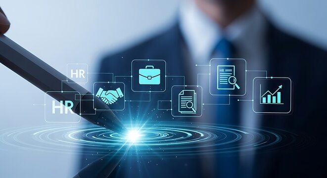 A blurred businessman interacting with a digital display showcasing human resources icons and data analytics in a modern office - Powered by Adobe