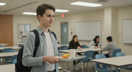 Fototapeta premium Teenage boy holding lunch tray while walking in empty cafeteria 