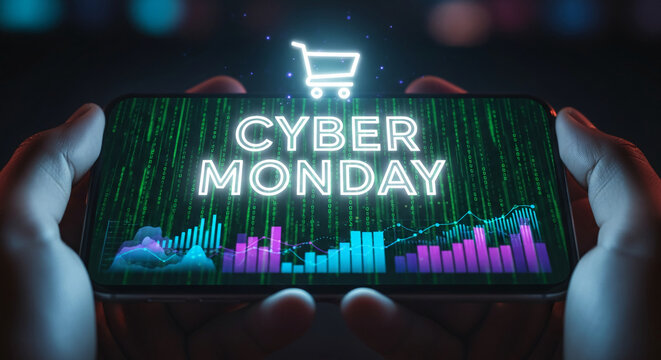 Two hands holding phone with Cyber Monday text, shopping cart icon, and a data stream chart on screen, representing online retail promotions - Powered by Adobe