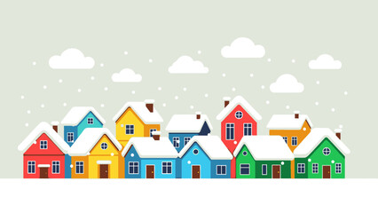 Fototapeta premium Cozy Colorful Houses with Snow Falling in a Winter Village Scene